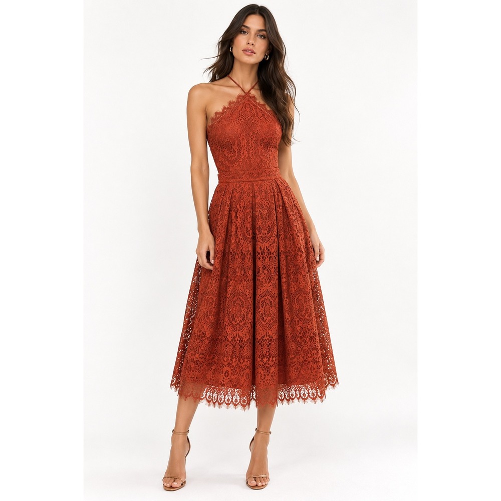 ASOS Rust Burnt Orange Lace Halter Midi Dress US 4 Wedding Guest NWT
